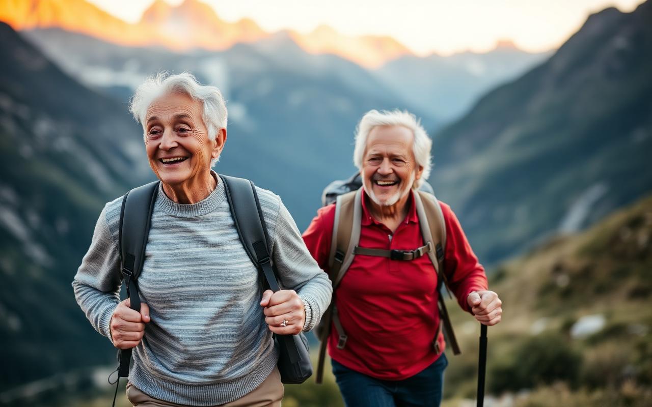 Aktives Seniorenpaar wandert schmerzfrei in den Alpen dank Movana Joint Support